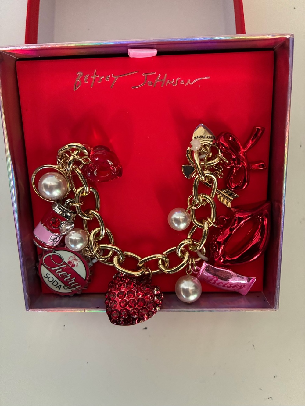 Betsey Johnson Gold-Tone Heart and Lips Charm Bracelet with Red and Pink Accents - Picture 2 of 4